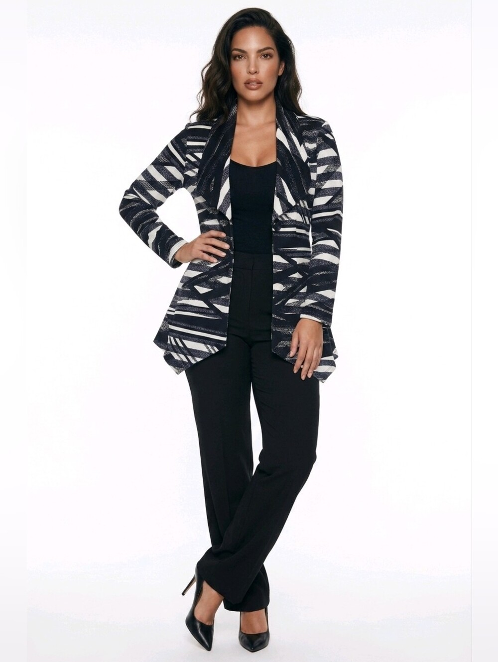 Zooni Collection Black & White Striped Asymmetric Blazer - Picture 3 of 9